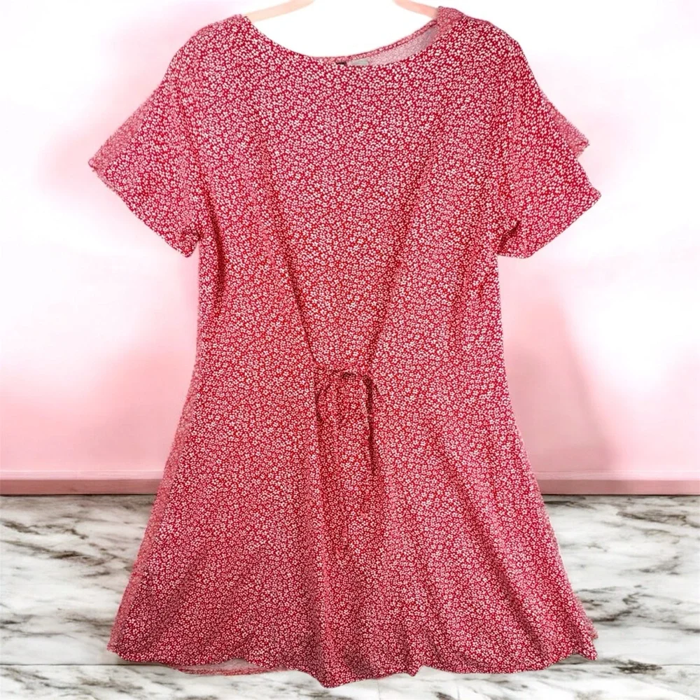 Divided By H&M Floral Red Button-Down Mini Dress Short Sleeves Tie Back - Medium - Picture 2 of 8